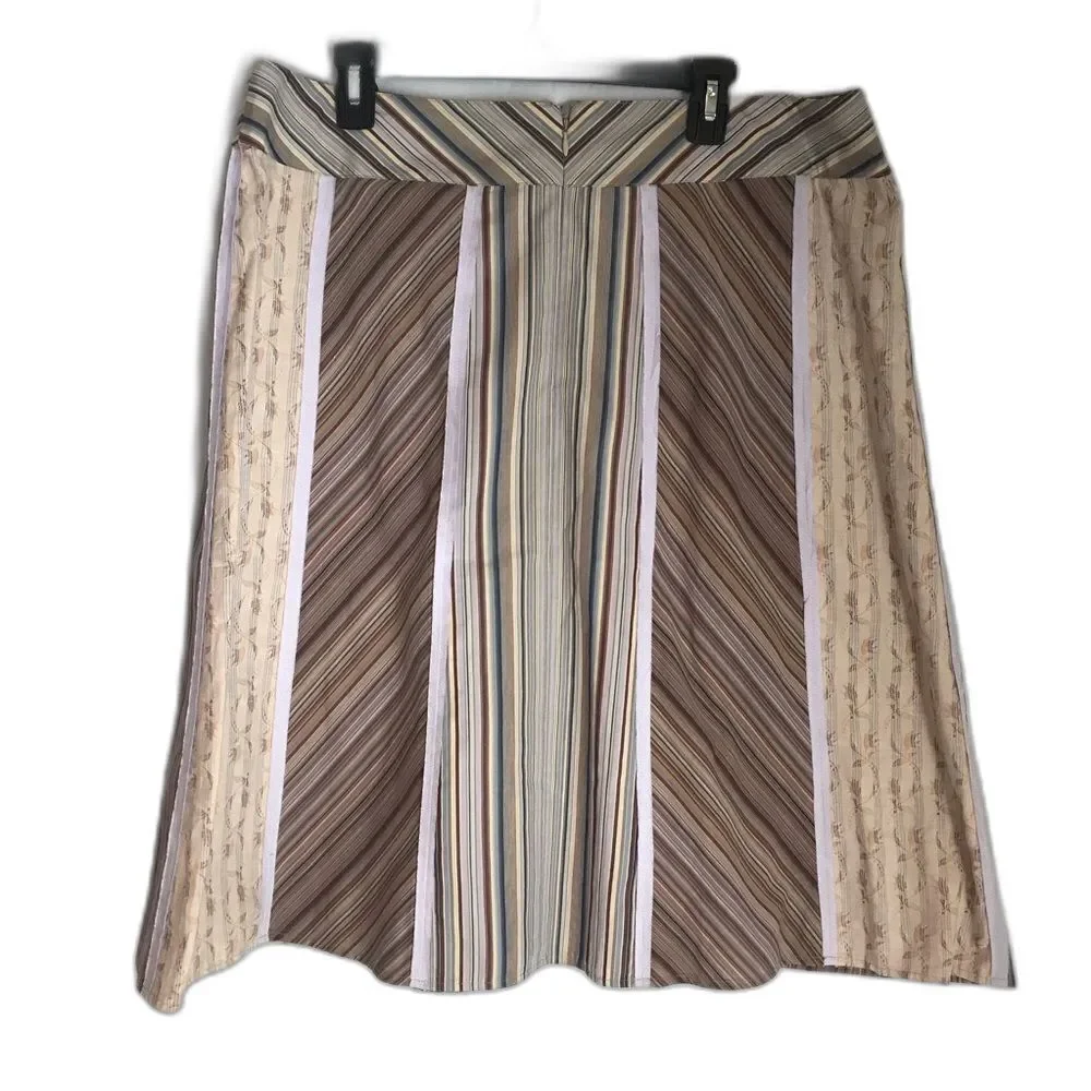 NWT J Jill A-Line Skirt Women's Size 18 Brown & Cream Patchwork Stripe Cotton